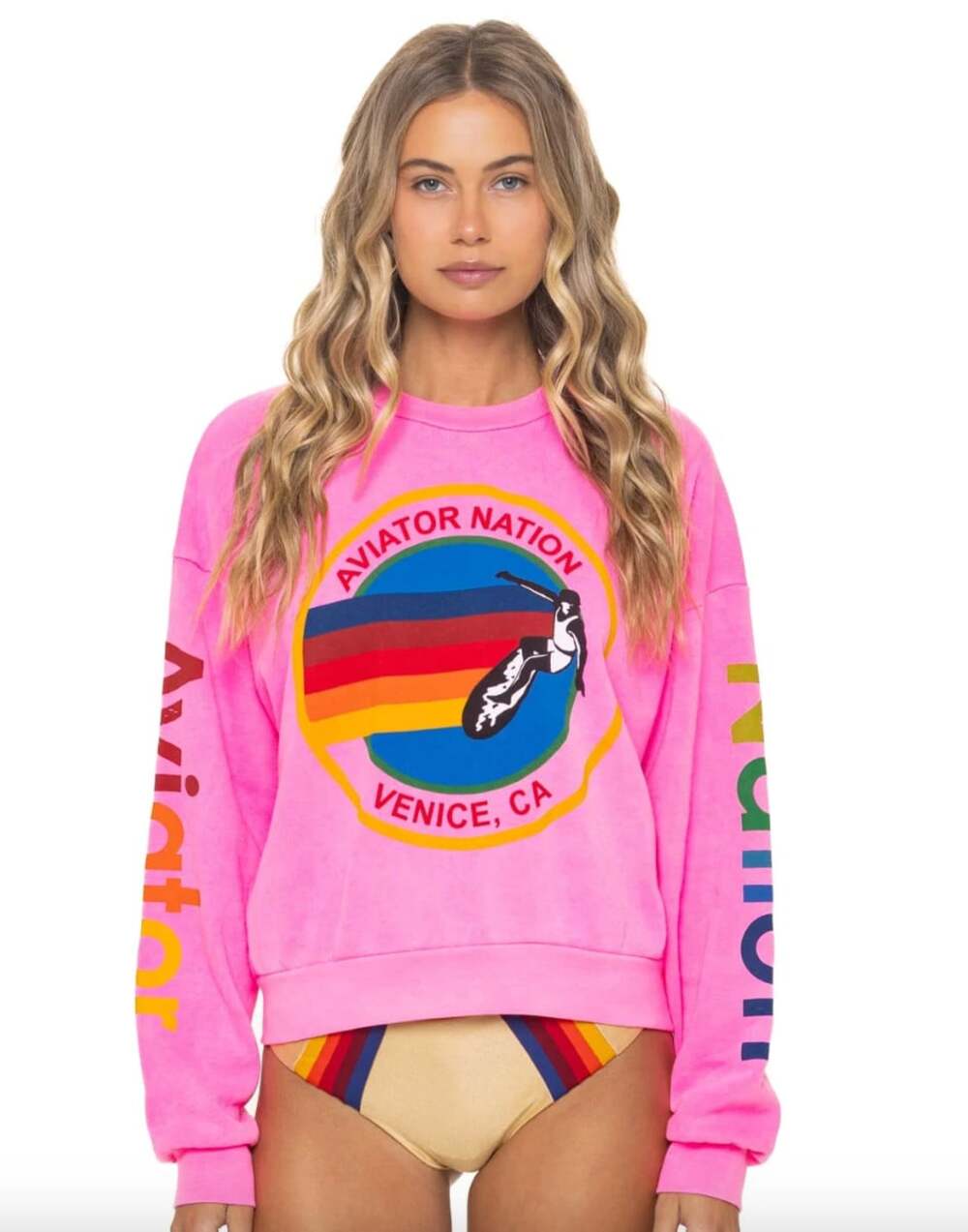 Aviator Nation Relaxed Venice Crew Sweatshirt in Neon Pink Size XS
